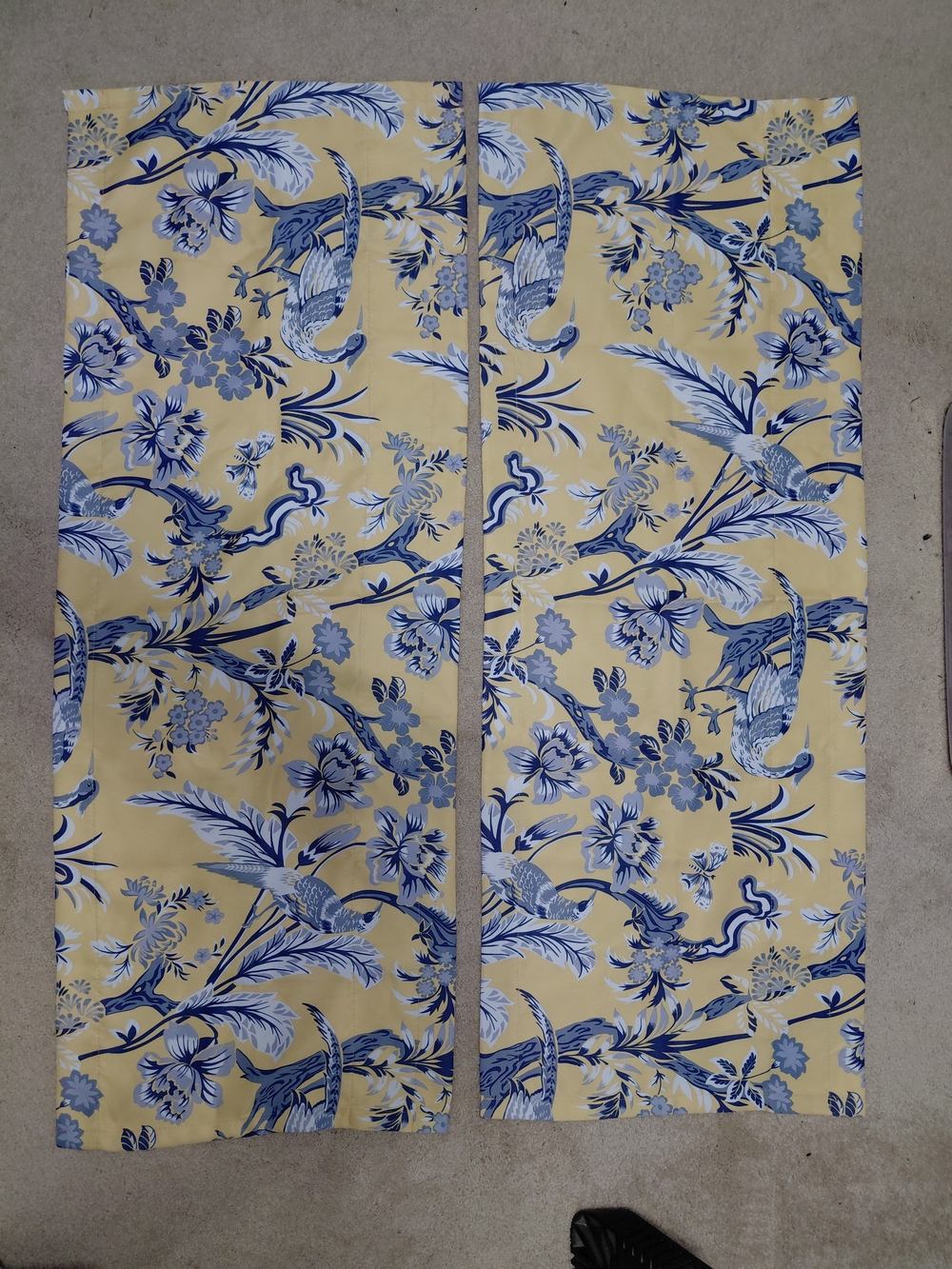 Blue Floral Bird Print Valances on Yellow Background Set Of 2